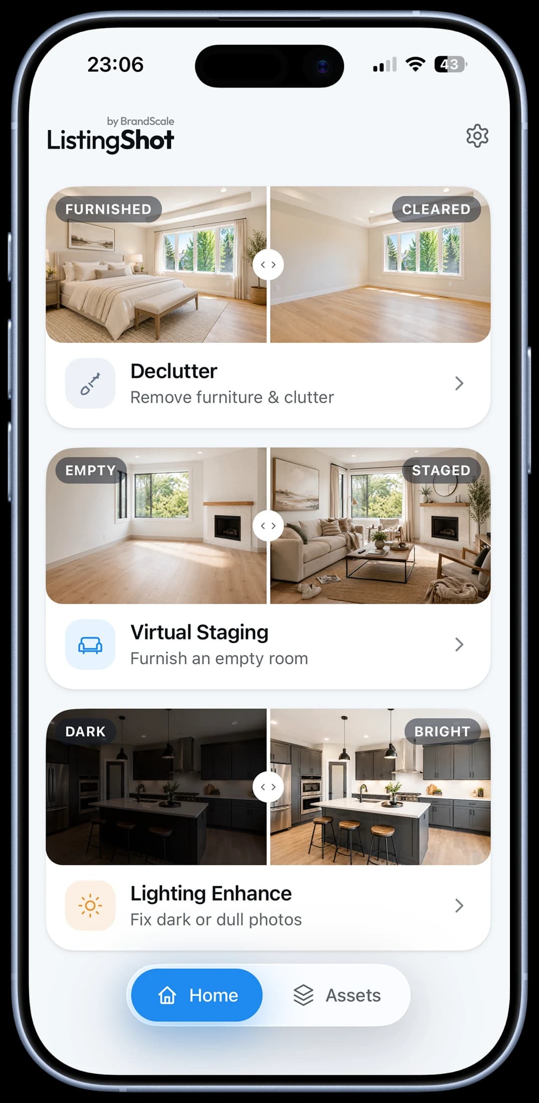 ListingShot app home screen on an iPhone, showing the three AI tools: Declutter, Virtual Staging, and Lighting Enhance